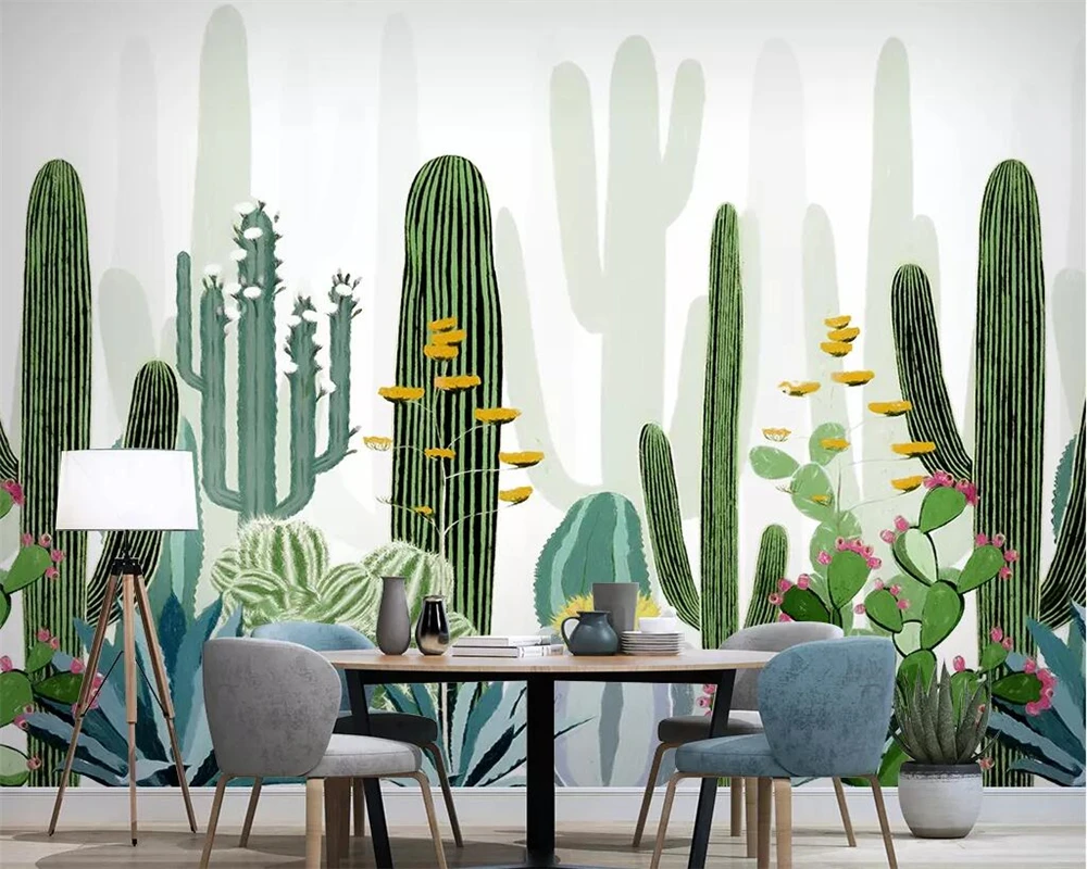 Custom wallpaper hand-painted Nordic tropical plant cactus TV background wall living room bedroom mural 3d wallpaper