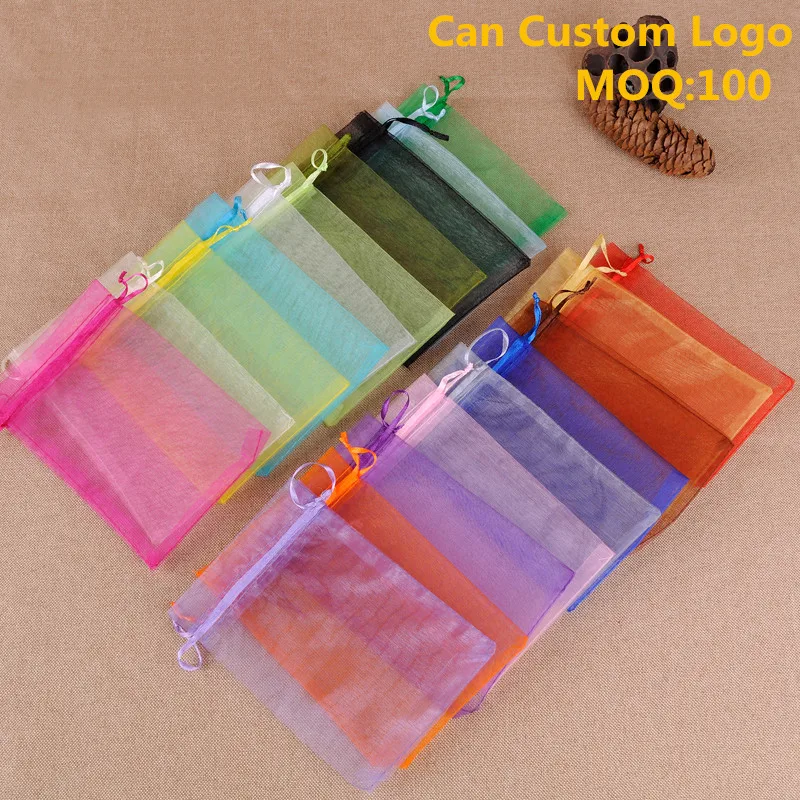 

9x12cm Mixed Colors Organza Jewelry Gift Bags Sheer Organza Pouch Promotional Gifts Customized Logo Bags 100pcs/lot