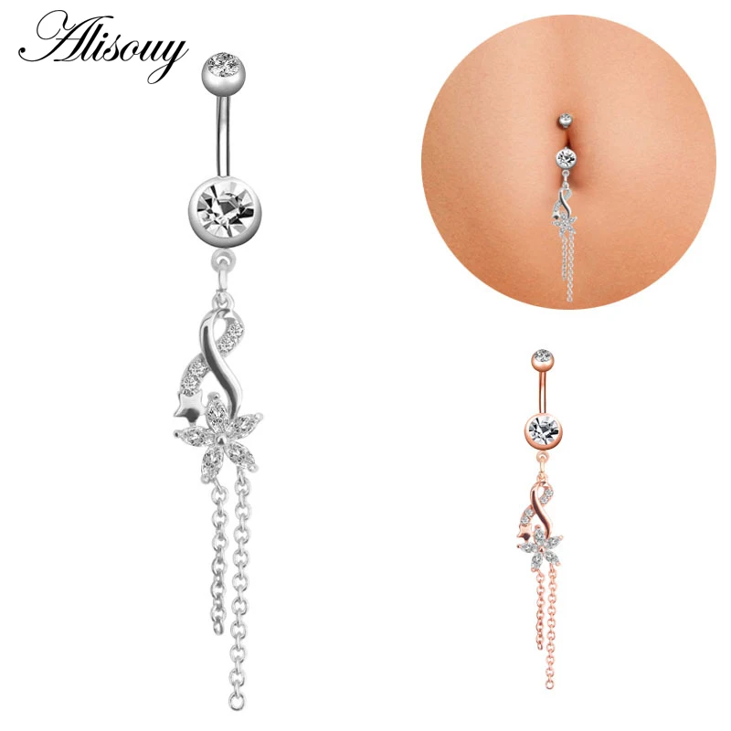 1ชิ้นใหม่เพทายแฟชั่นผ่าตัดสแตนเลสสะดือเจาะดอกไม้จี้ปุ่มท้องแหวนเจาะท้องร่างกายเครื่องประดับ