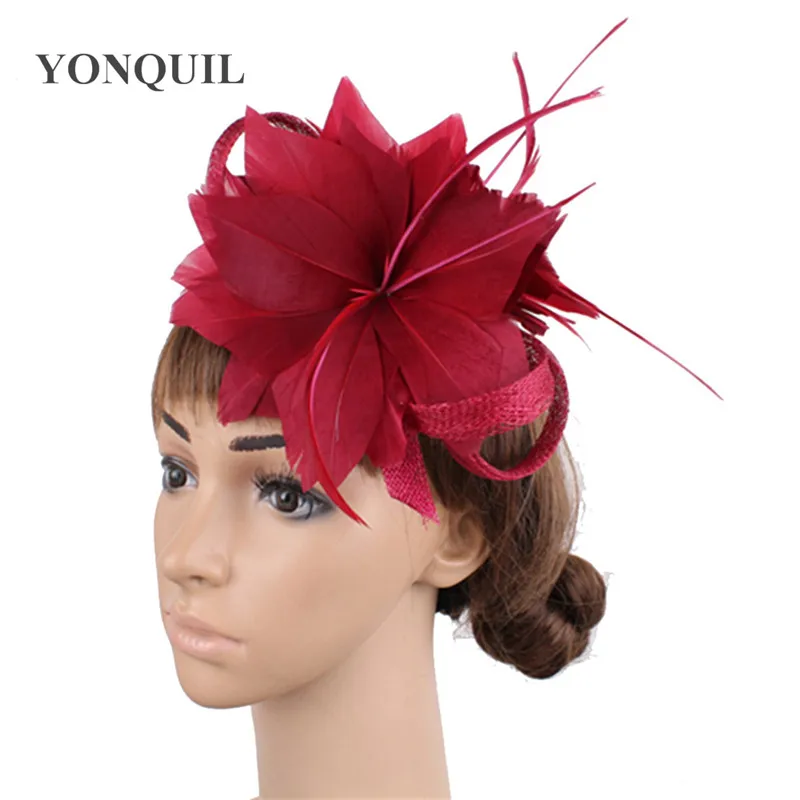 

Nice Wine Red Feather Flower Sinamay Fascinator Headwear Colorful Mesh Race Show Hair Accessories Millinery Cocktail Hats MYQ068