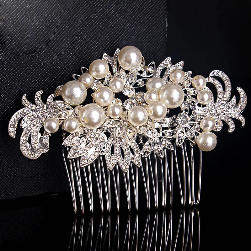 

Floralbride Art Deco Alloy Clear Rhinestones Crystals Pearls Flower Wedding Hair Comb Bridal Hair Accessories Women Jewelry