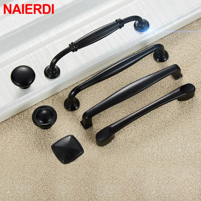 NAIERDI-tiradores de armario de estilo americano, pomos de aleación de aluminio sólido, tiradores de cajón, herrajes para muebles, color negro