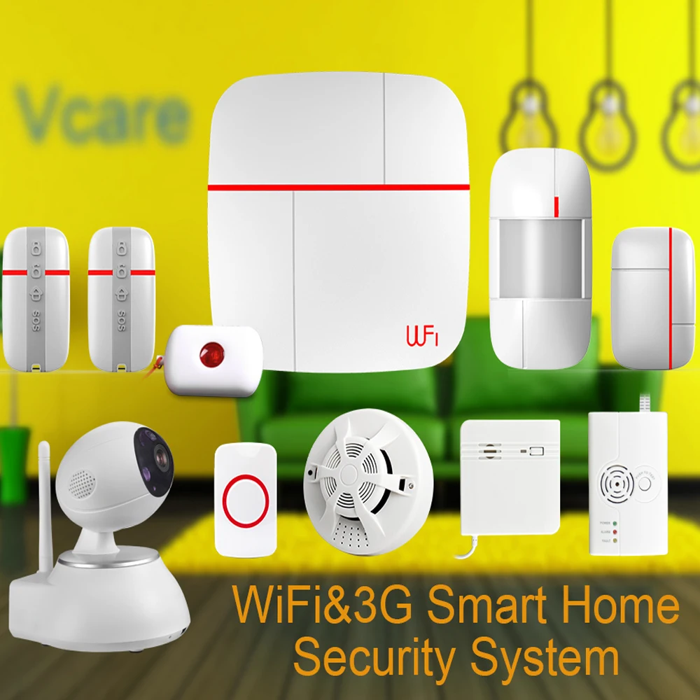 Ver C Vcare WIFI WCDMA 3G Smart Home Alarm Security System with Wireless Detector Sensor SOS Button & PTZ HD IP Camera Combined