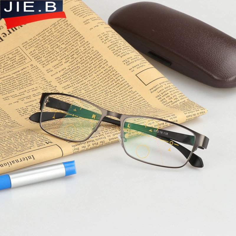 JIE.B New Men\'s Titanium Alloy resin Progressive lenses Reading Glasses men Fashion Square Classic Multifocal Glasses for Men