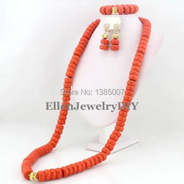 Long Style African Nigerian Wedding Beads Coral Jewelry Sets,African Beads Coral Necklace Bracelet Earrings Sets   TL1372