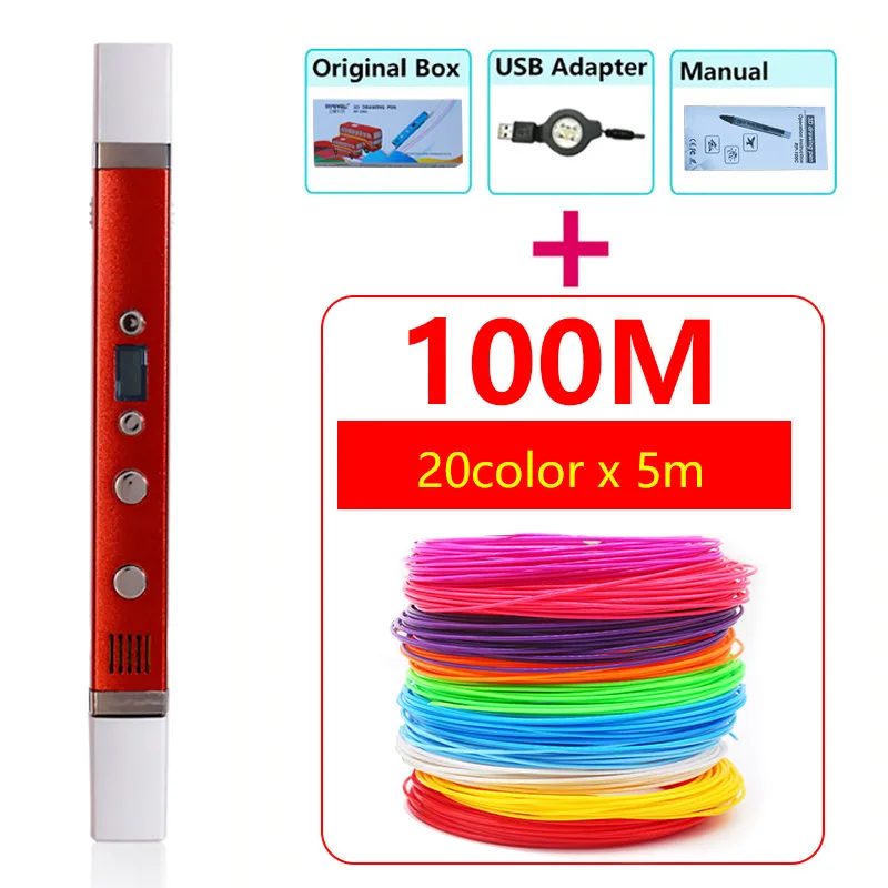 Myriwell-Stylo 3D RP100C + PLA, Filpod 1.75mm, coque métallique, alimentation USB, compatible ABS PCL PLA, 3 modes