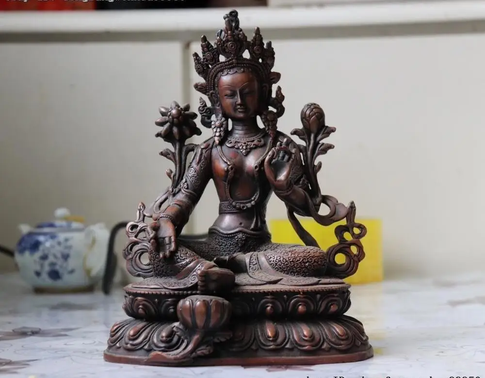 Tibet Buddhism Copper Kwan-Yin GuanYin Bodhisattva Green TaRa Goddess Statue