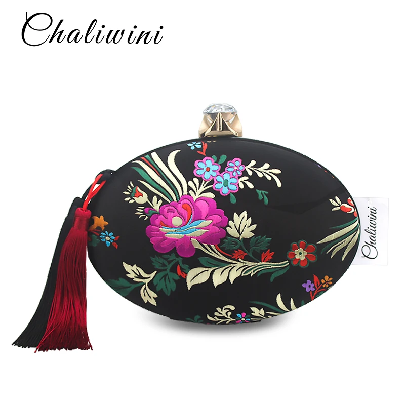 

Vintage Chinese Style Evening Clutch Bag Embroidery Flower Women Satin Tassel Clutch Purse Wedding Party Retro Shoulder Handbag