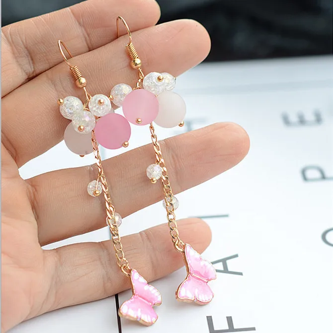 

Originally designed super-long tassels Pink Butterfly Earrings and earrings with feminine temperament