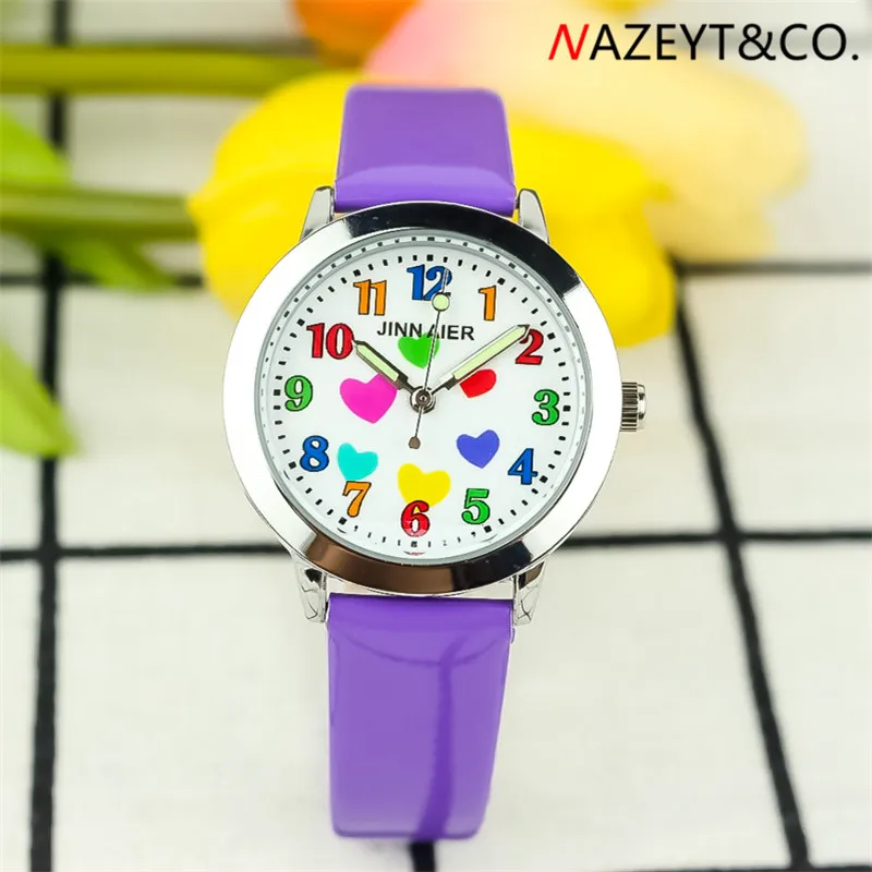 Reloj de pulsera con manos luminosas para niños y niñas, bonito reloj de cuarzo para estudiantes con cara de corazón, reloj de cuero para niños