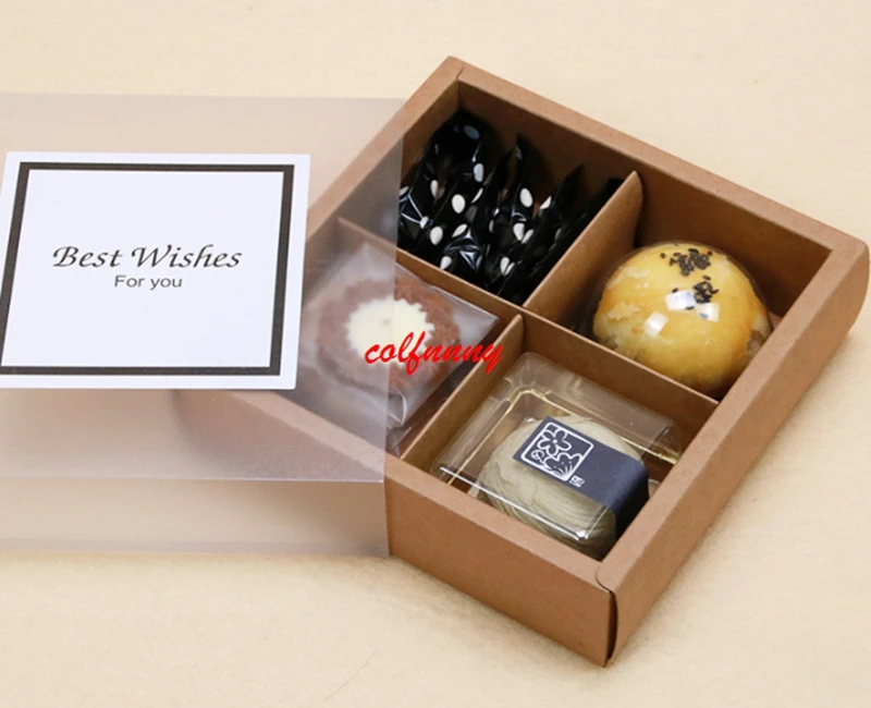 

100pcs 4 Lattice Kraft Paper Mooncake Boxes with Frosted Transparent Cover Drawer Type Egg-Yolk Puff Gift Packaging Box F052904