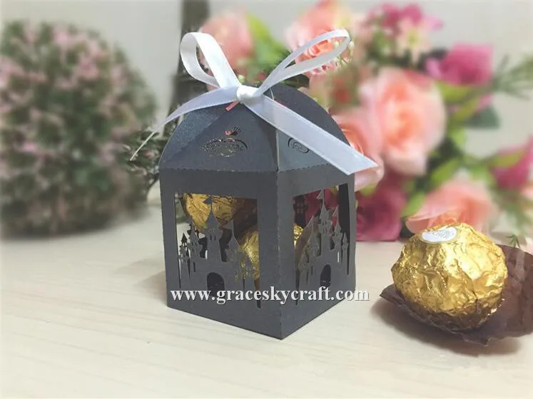 

50pcs Free Shipping Laser cutting Castle Design Customized Paper candy chocolate Box for Christmas Wedding Party Decoration