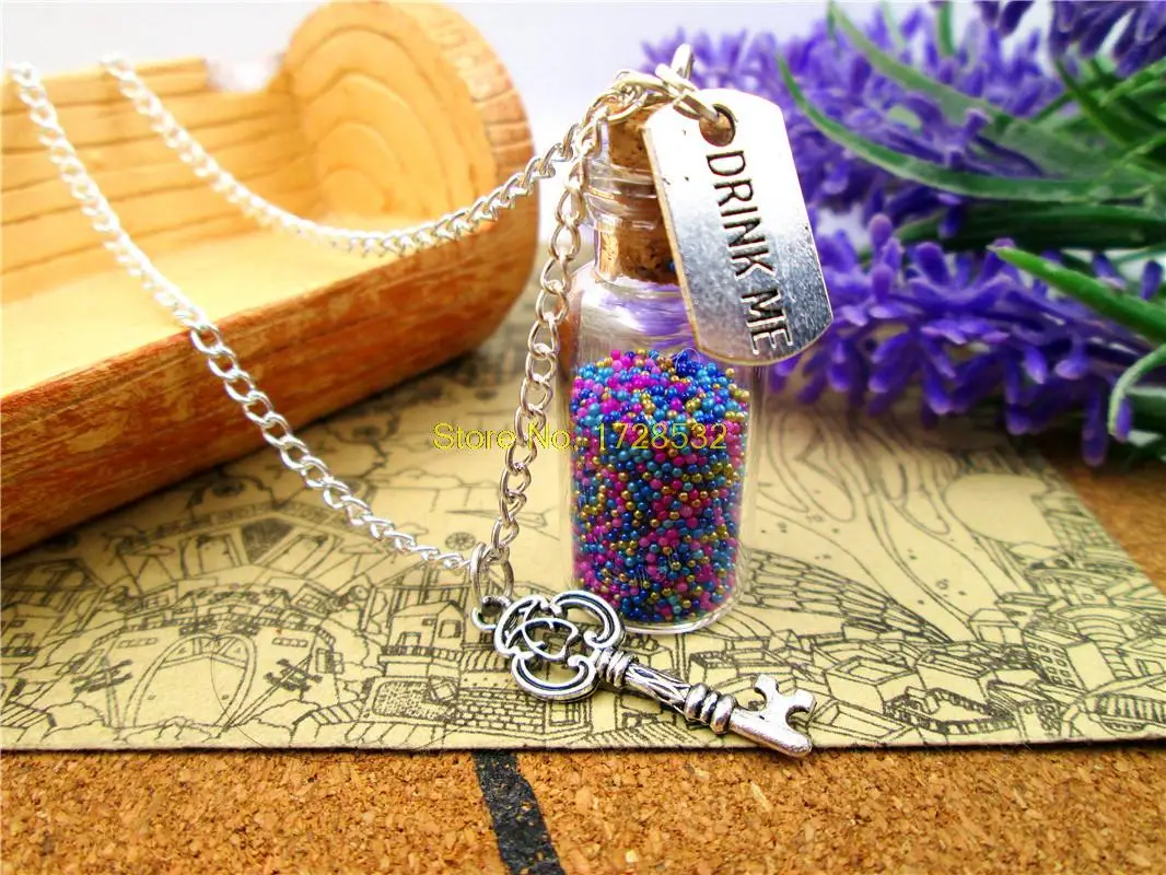 12pcs/lot Drink Me necklace alice in wonderland   key necklace 2ml glass bottle (inside:9 colors)