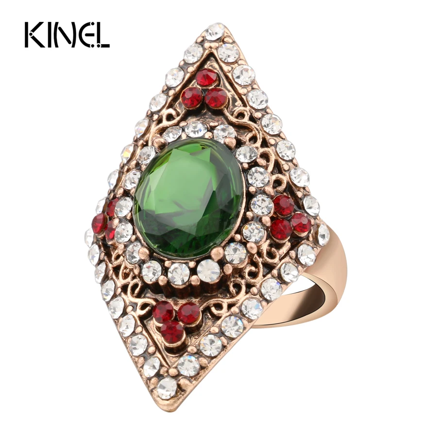 Kinel Vintage Jewelry Transparent  Ring For Women Color Ancient Gold Crystal Ring Love Gift