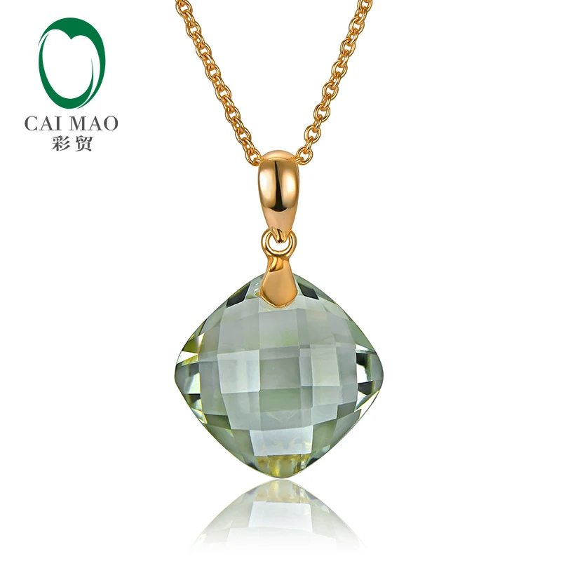 CaiMao 12x12mm Checkerboard 7.75ct Flawless Green Amehyst  Solid 14K Yellow Gold  AU585 Pendant For Women