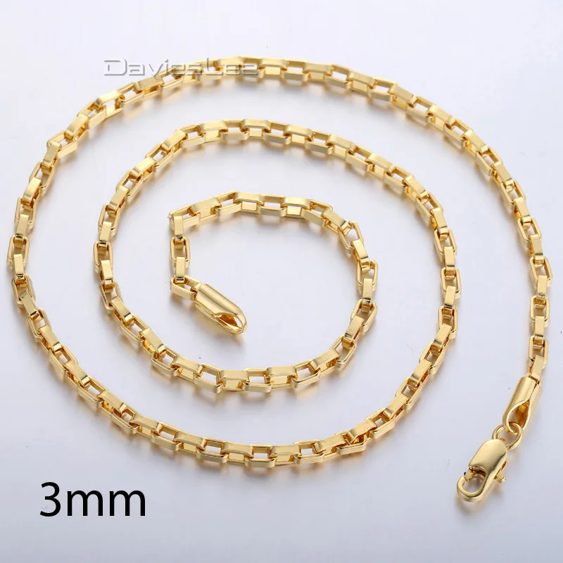 Davieslee Gold Color Box Chain Necklace for Men Women Wholesale Fashion Jewelry Gift Mens Necklaces Chains 3mm 18-36inch LGN376