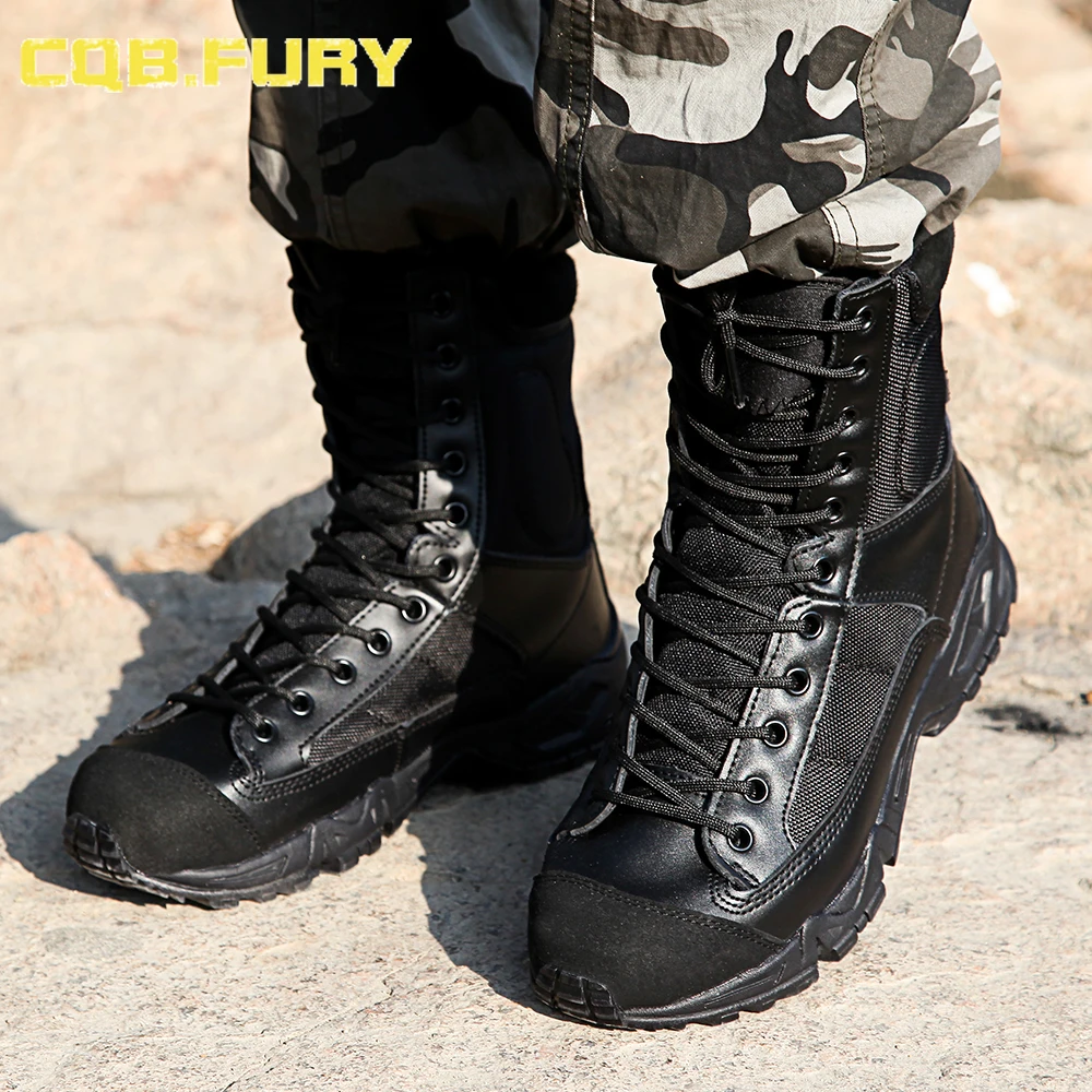 CQB.FURY Mens Leather Tactical Boots ankle strap black Leather Boots comfortable Breathable size 38-46 ZD-Airborne