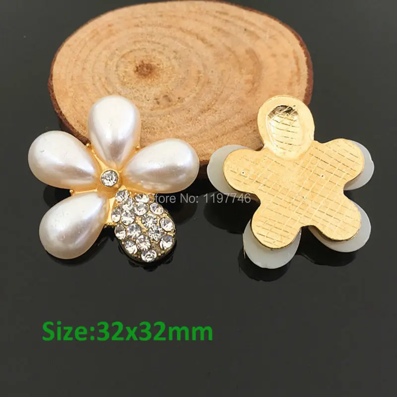 Lucky Flower Flat Back Pearls Embellishment 10pcs big Rhinestone Button Gold Metal Pearl for Wedding Decoration DIY Accessory