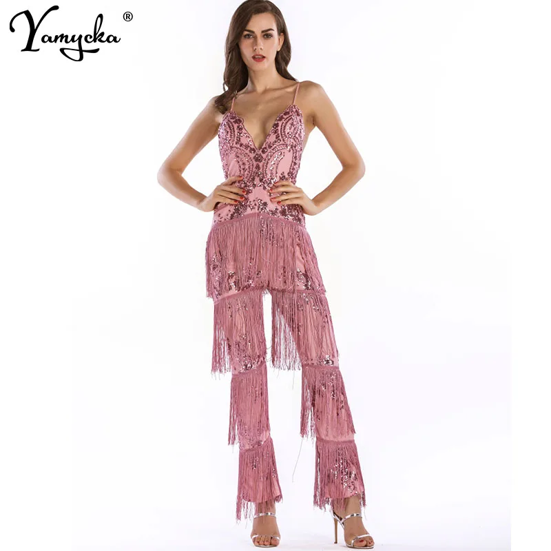 Sexy V neck Sequins Summer bodysuit women one pieces Backless tassel body femme rompers womens jumpsuit Bandages Tassel Overalls