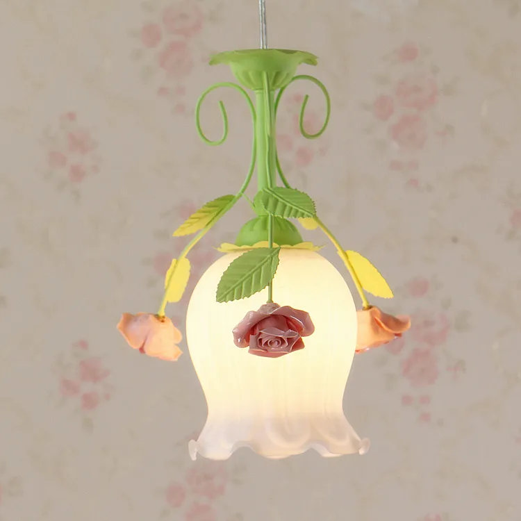 Korean princess LED light Dinning room Pink Rose flower leaf Pendant lights White/green lamp Girl's bedroom Aisle Living room