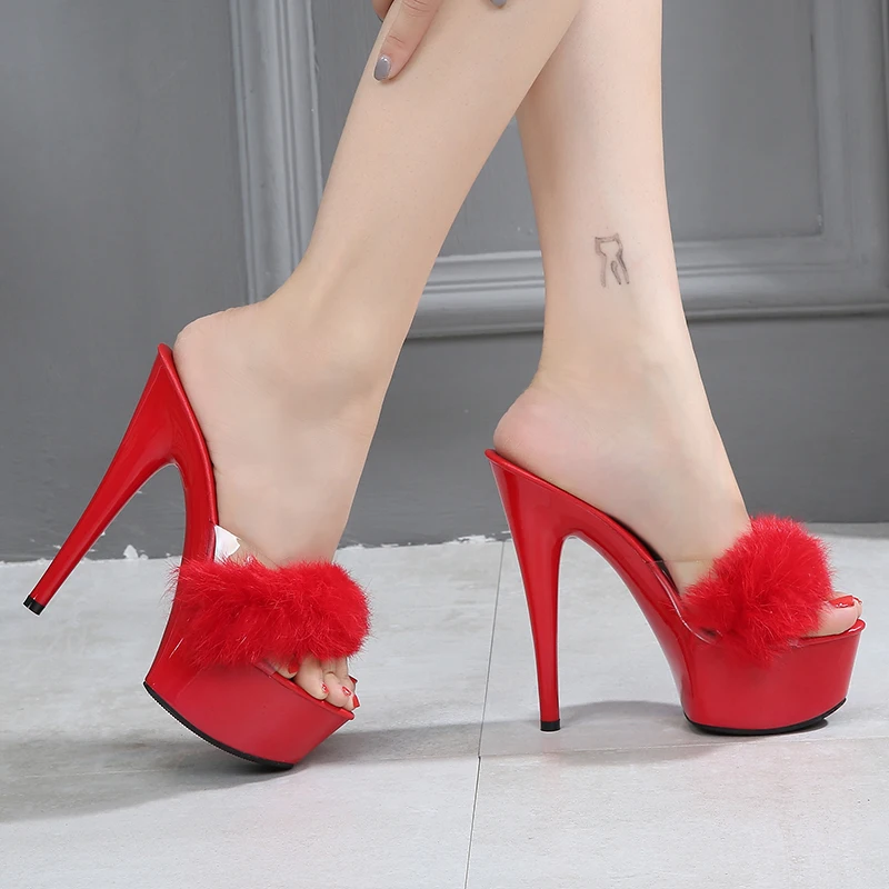 15cm New European and American Slippers Rabbit Hair Super High-heeled Shoes Slim-heeled Sexy Black Waterproof Platform Shoes