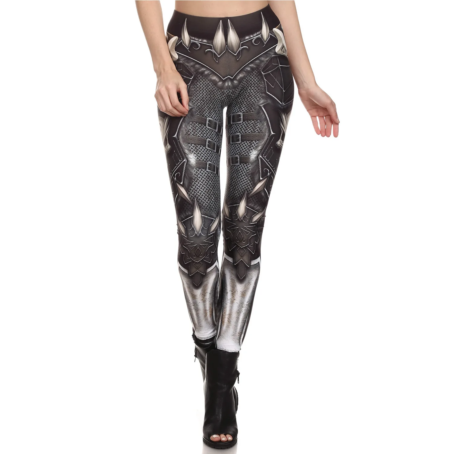 [You 'M My Secret] Legging Wanita Punk Gothic Baru Celana Pergelangan Kaki Gambar Cetak Abu-abu Armor Fantastis Celana Kebugaran Olahraga