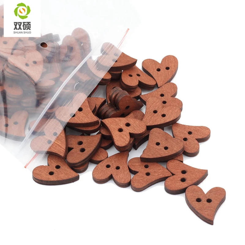 ShuanShuo 20mm 2 Eyes Printed Colorful Heart Wooden Buttons For Hat, Shoes, Clothes Diy Accessories Mixed Color 50PCS/Bag