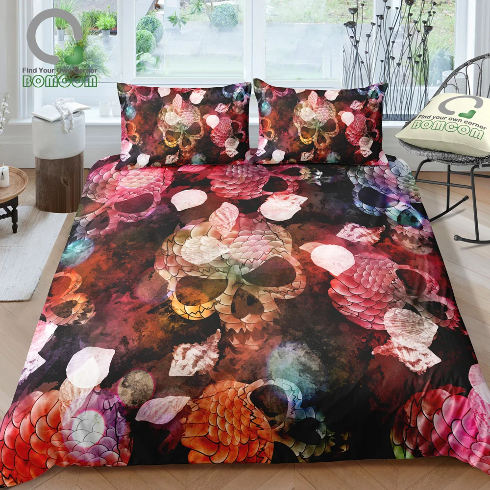 BOMCOM 3D Digital Printing Watercolor Skull Bedding Scary Marine Design Mermaid Scales Skulls Duvet Cover 100% Microfiber Pink