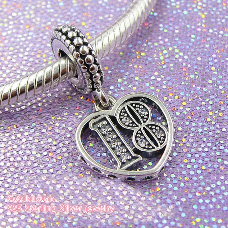 

Mother's Day Authentic 925 Sterling Silver 18 Years of Love Dangle Charm, Clear CZ Beads Fit Pandora Charms Bracelet diy