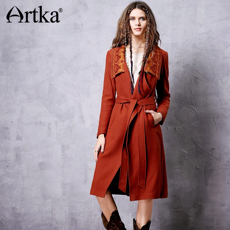 ARTKA 2018 Winter New Floral Embroidered Thin Waist Turn-down Collar Vintage Ethnic Woolen Coat With Belt FA10969Q