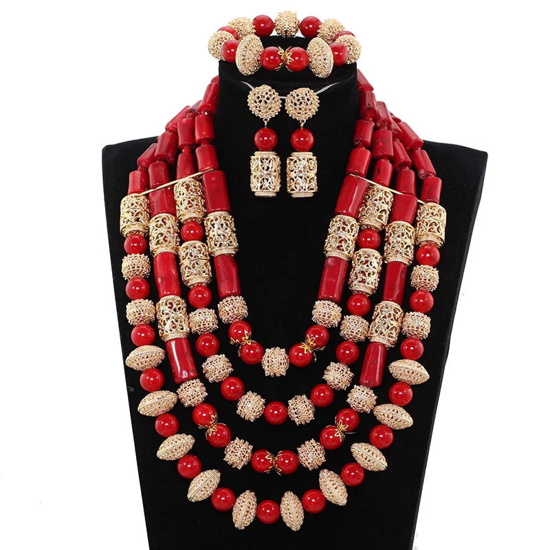 New Dubai Gold Bridal Statement Necklace Set Luxury 4 Layers Red Coral Nigerian Wedding Beads Jewellery Set Free Shipping ABH591