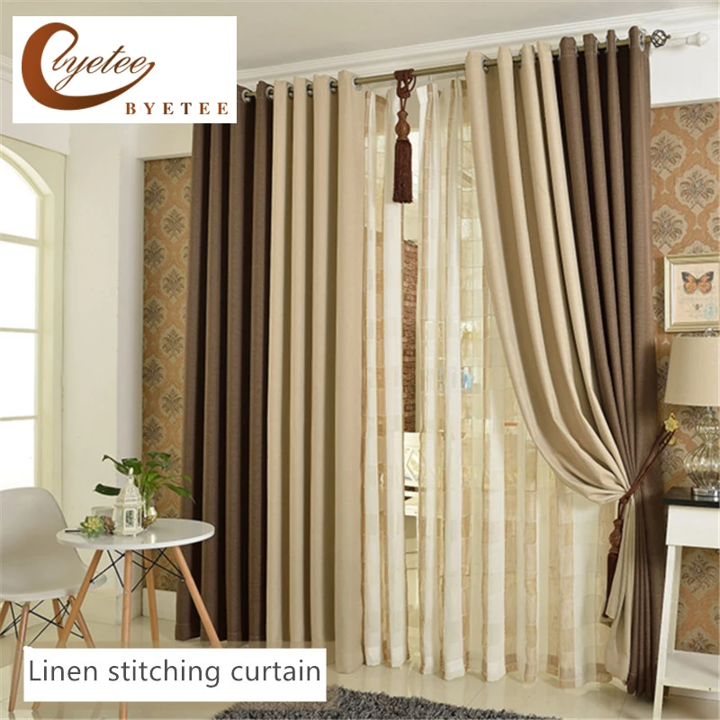 Window Curtains Blackout Faux Linen Curtains for Living Room Bedroom Cortinas de cocina Beige Coffee Stitching Custom Made