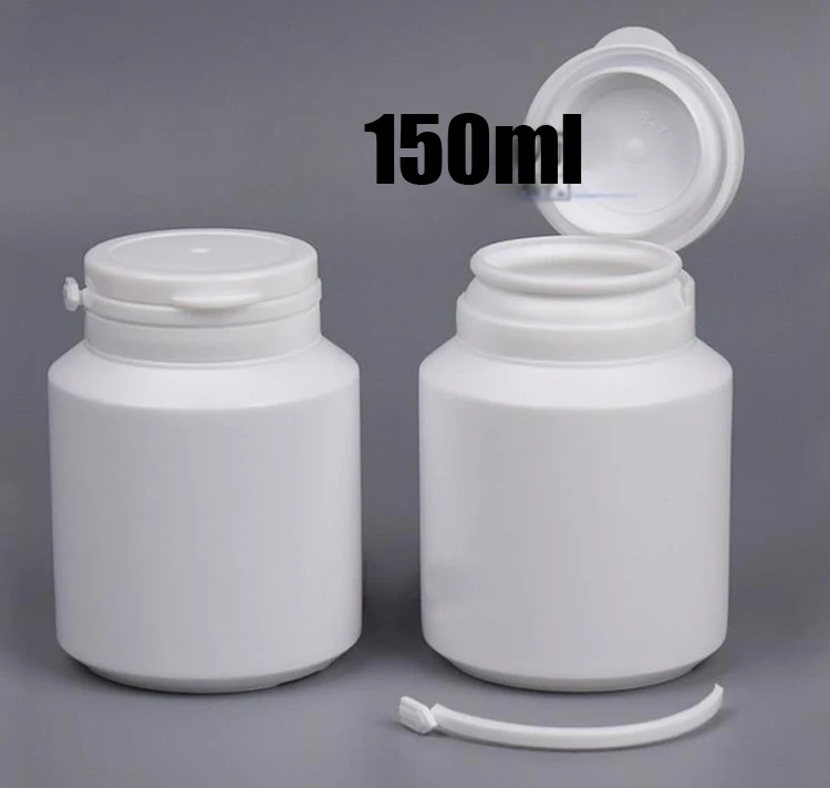 

100pcs 150ml White Color PE Xylitol/Gum/Pills/Powder/Capsules Bottles, Plastic Packing Containers with Tearing Ring & Flip Caps