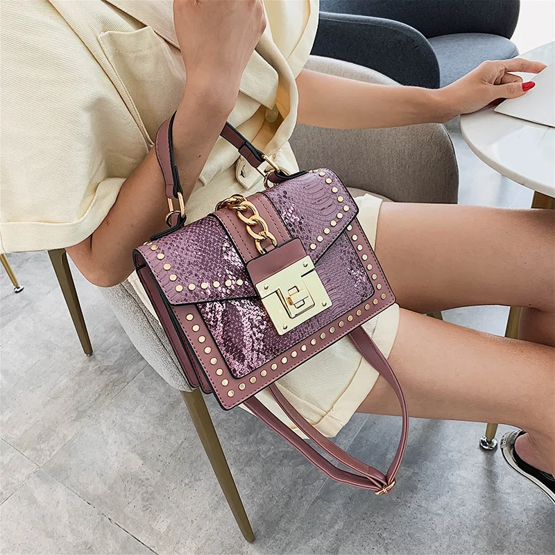 Women\'s Fashion Pu Leather Female Rivets Metal Lock Bag High Quality Shoulder Strap Bag Messenger Small Square Package 2019 New