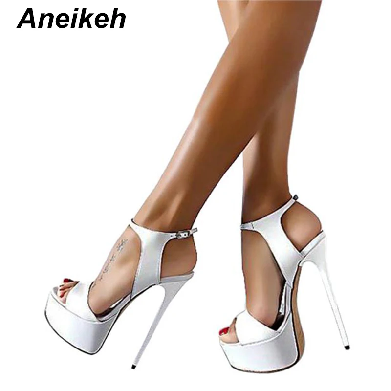 Aneikeh 16cm Ultra High Heels Sandals For Women Summer Sexy platform Wedge Club Shoes Woman Patent Leather Sandals