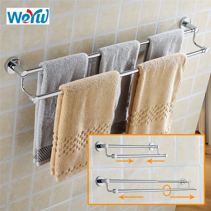 WEYUU Stainless Steel Towel Bar Bathroom Telescopic  Double Pole Bath Wall Shelf Rack Hanging Towel Hangers