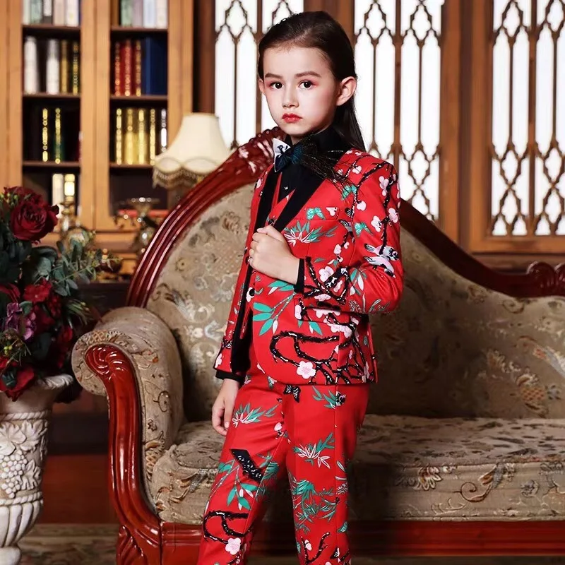 New Style Flower Notched Lapel Girl Suits One Button Wedding Suits Children Party Tuxedos Girl Smoking blazer (jacket+pant+vest)