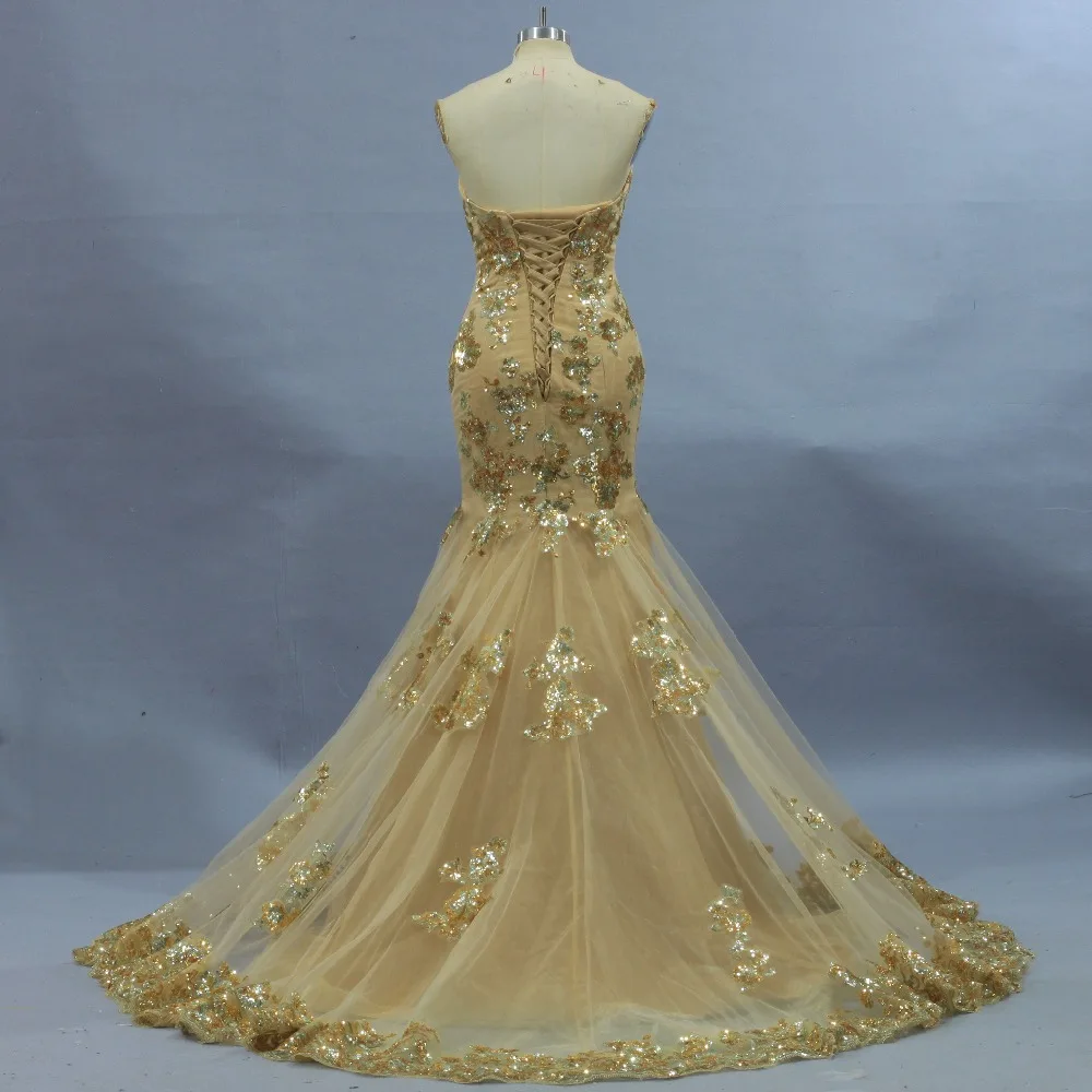 Vintage 2020 Gold Mermaid จริงโพโค Beading Lace Up ชุดแต่งงานชุดเจ้าสาวพลัสขนาด Vestido De Noiva