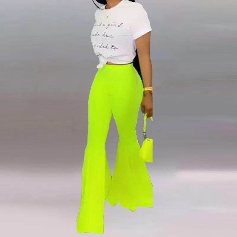 BKLD-Pantalon évasé vert néon pour femme, style Boho, taille haute, jambes larges élastiques, vêtements d\'été