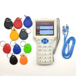 Updated Version RFID Copier Reader Writer Cloner Copy 10 Frequency Programmer + 5 125khz T5577 Keyfobs + 5 13.56mhz UID Keyfobs