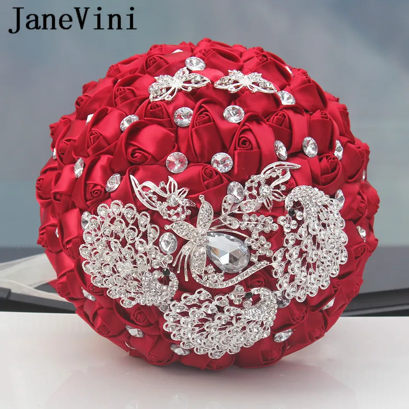 JaneVini Bling Red Satin Roses Wedding Brooch Bouquet Crystal Beaded Artificial Bridal Flowers Weddings Hand Bridesmaid Bouquet