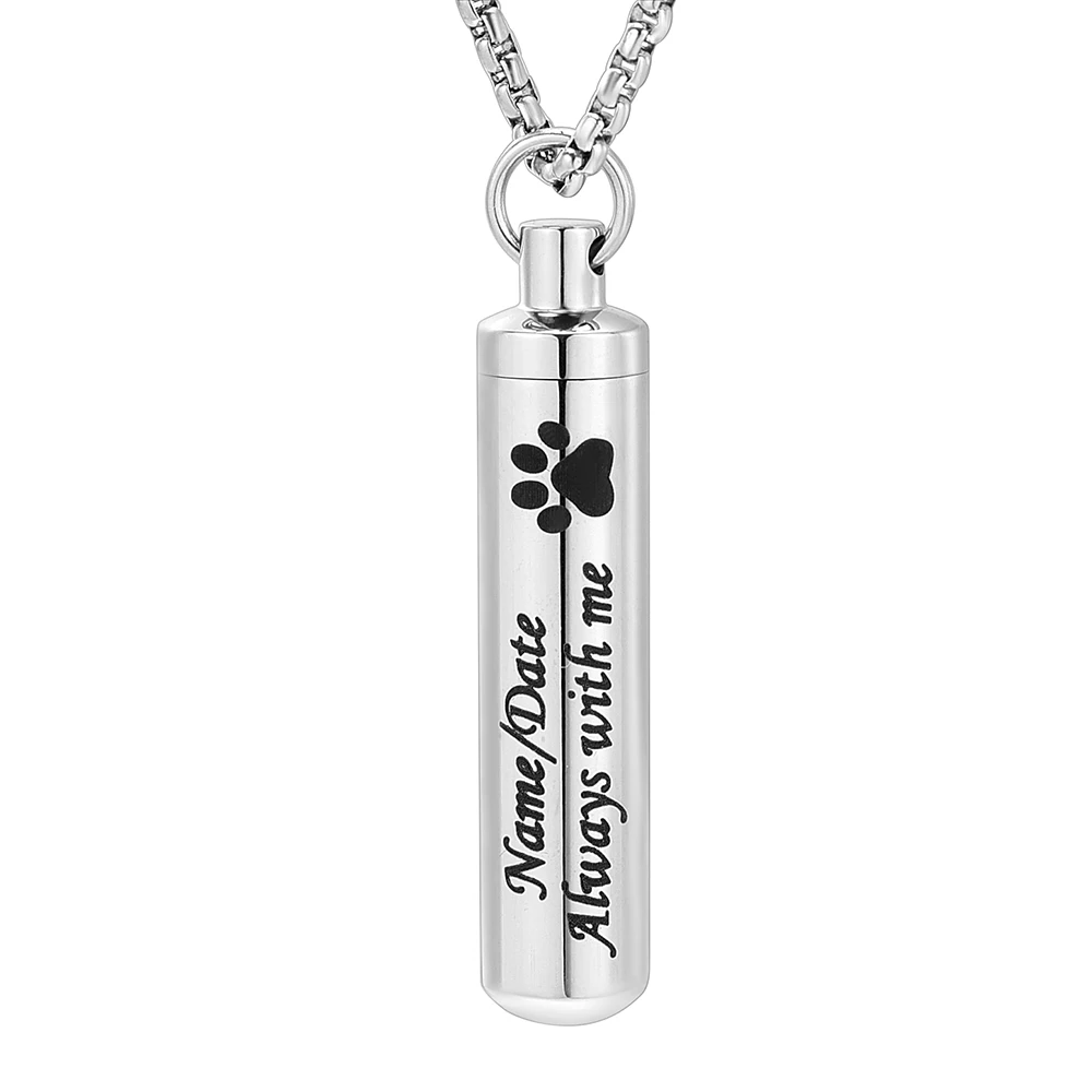 JJ001 38mm*10mm Stainless Steel Cylinder/Tube Cremation URNS Memorial Necklace for Loss Pet Ashes - Custom Engrave Name/Date