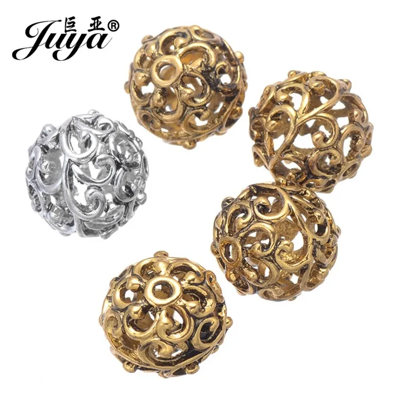 JUYA 20 szt/lot 12mm grawerować Hollow Alloy koraliki starożytne złoto/srebro kolor koraliki dla kobiet biżuteria Making Supplies akcesoria