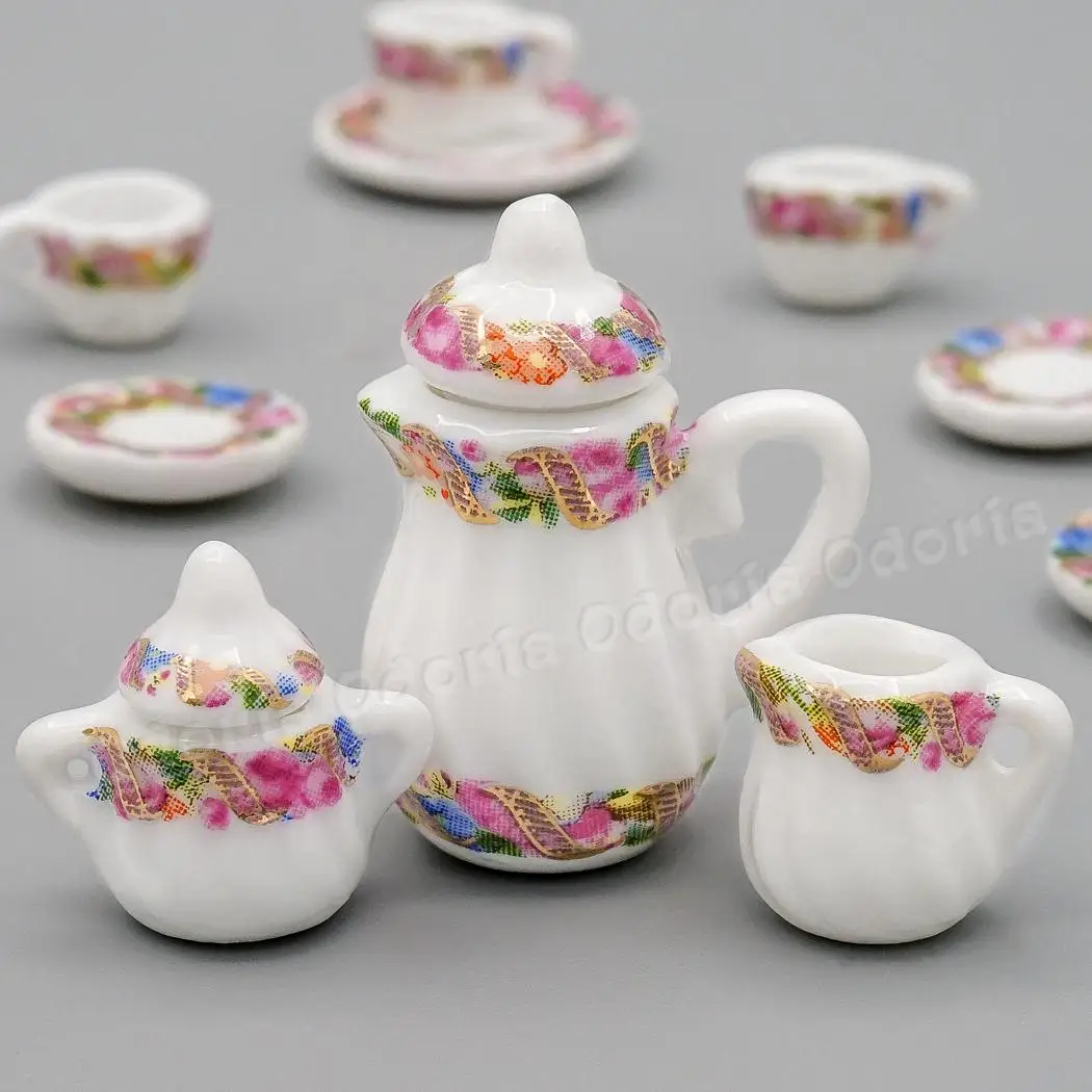 Odoria 1:12 Miniature 15PCS Purple Porcelain Chintz Tea Cup Set Teapot Tableware Kitchen Dollhouse Accessories Doll House Decor