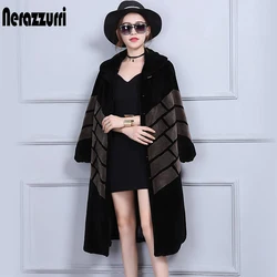 Nerazzurri Winter real fur sheep shearing coat women long sleeve Warm soft lamb fur coat Luxury brand ladies genuine fur coats