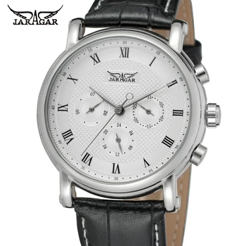 Fashion Jaragar top brand luxury automatic mechanical self-wind 24 hour week date solid roman index dial pu leather men watch