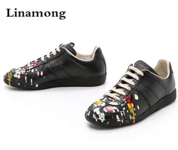 High Quality Men Fashion Black White leather paint splatter Low Top Casual Shoes Unisex Luxury Brand Spring Autumn Flat Shoes