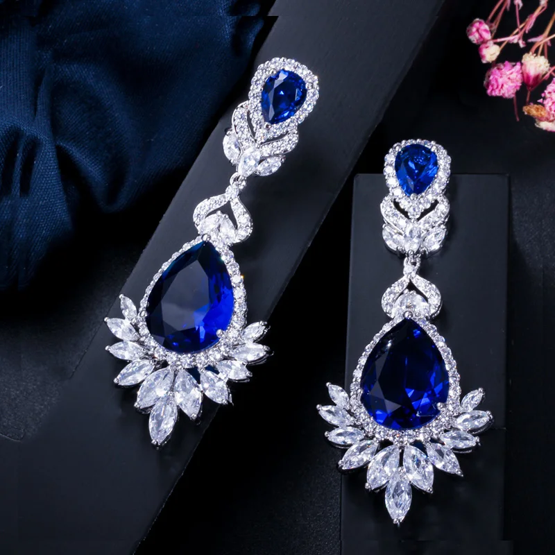 CWWZircons Wunderschöne Königliche Rote Zirkonia Lange Braut-Hochzeits-Ohrringe mit Großen Tropfen in Marquise-Schliff, Schmuckgeschenk für Bräute, Großhandel E0003 – Detail 7