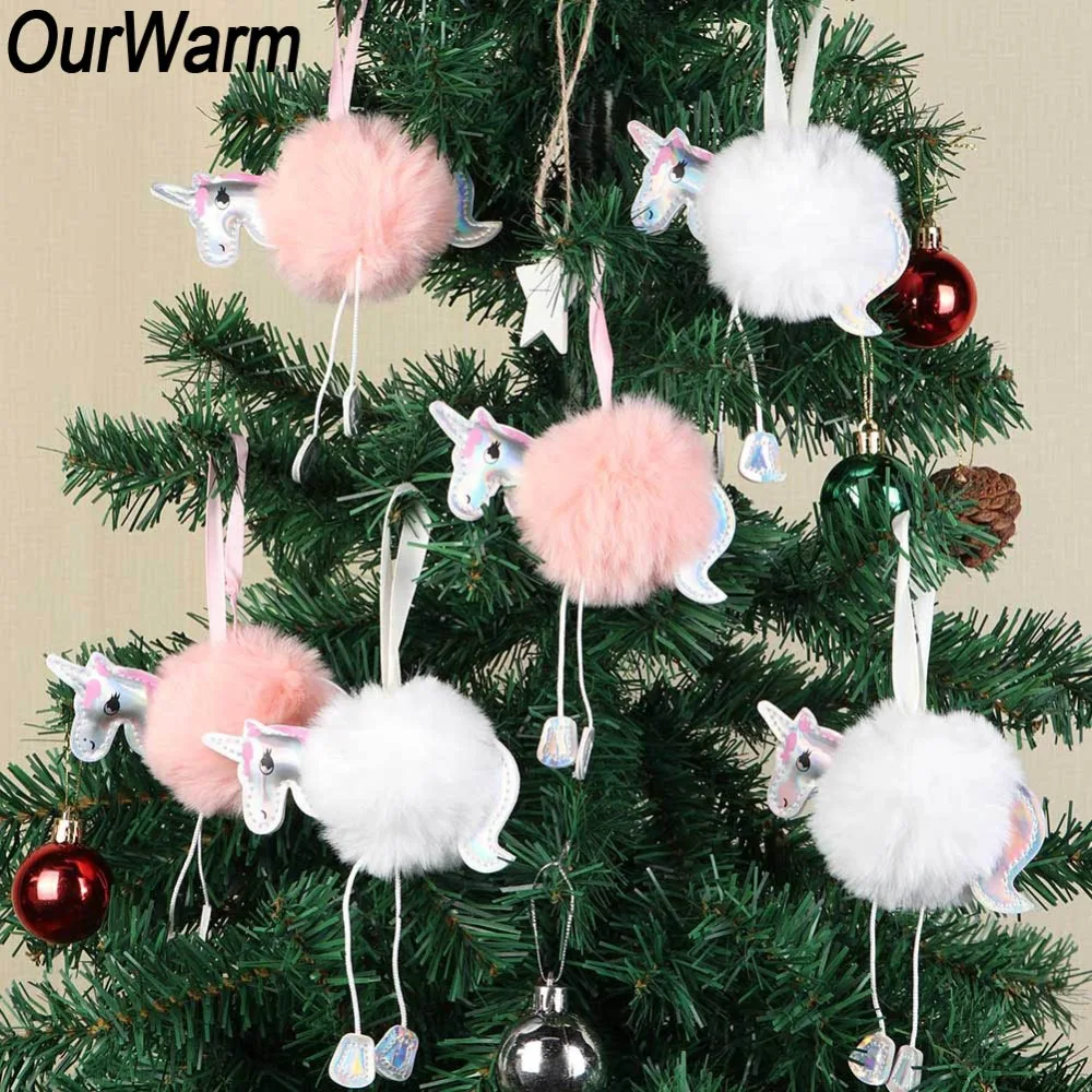 OurWarm 1Pcs White Pink Fluffy Unicorn Christmas Ornaments Fur Ball Pom Pom Horse Hanging Pendant Christmas Tree Decoration