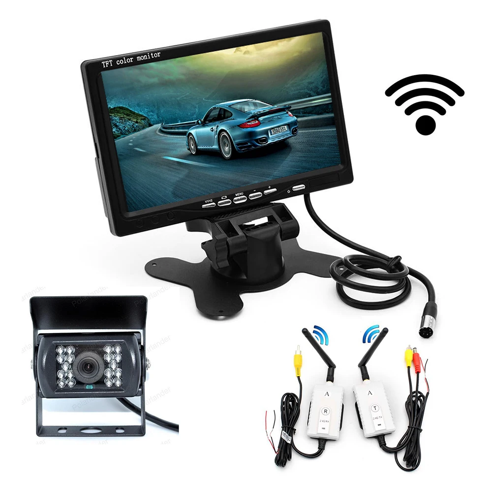 wireless 7 Inch TFT LCD car Monitor 2 video input Display for bus truck with 18 LED night vision rear view camera 12-24V